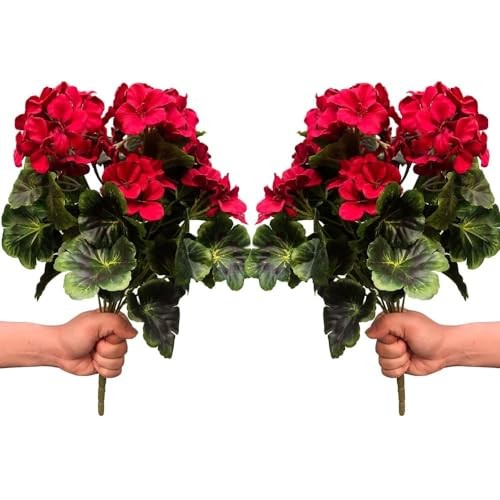 Artificial Geranium Silk Flower Bush Red 19 Inches Faux Geranium Flowers Plant