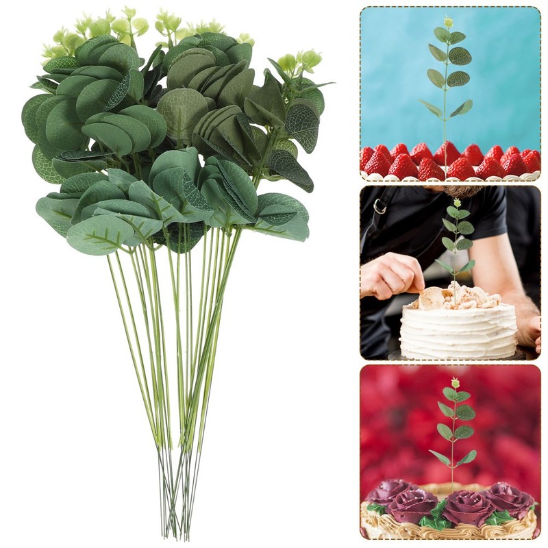 20 Pcs Eucalyptus Leaves Artificial Stems Green Boxwood Birthday Cake Topper