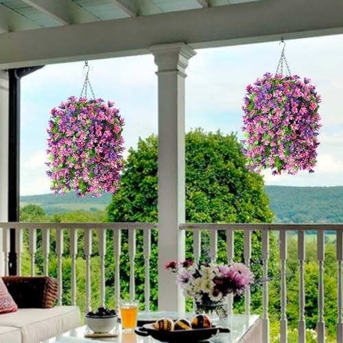 Artificial Hanging Flowers Decoration, 4pcs Fake Floral Basket Red Purple gallery