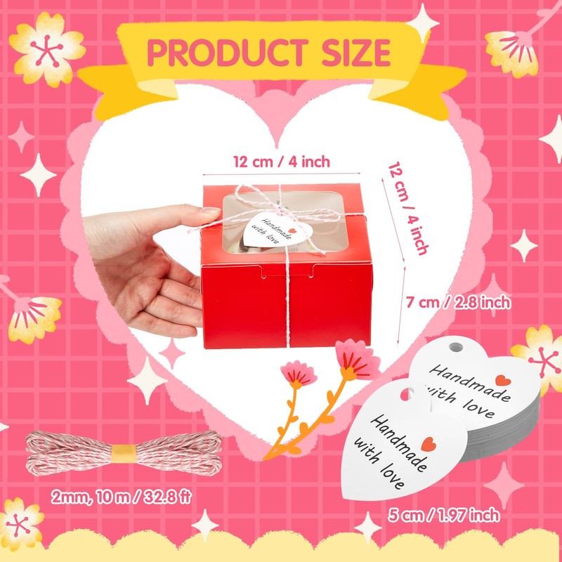 100 PCS 4x4x2.8 Inch Valentine Cookie Boxes Window Red Pink Pastry Bakery gallery