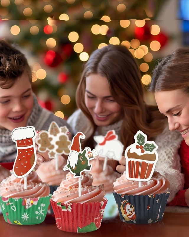 400 PCS Christmas Cupcake Liners 12 PCS Toppers Mini Muffin Xmas Party gallery