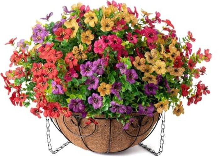 2 Set Artificial Outdoor Flowers Hanging Basket, Faux Hanging 4 Multicolor gallery