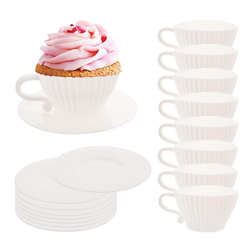 White Silicone Teacup Muffin Cupcake Baking Liners 8 Cups And Saucers 16 PCS