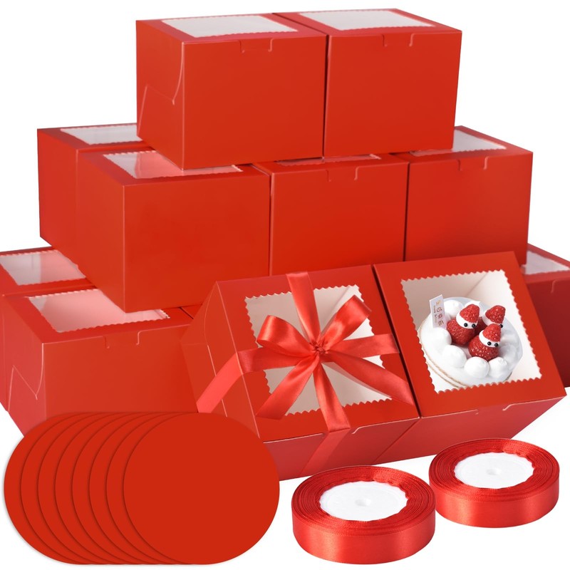 20 Sets 8x8x5 Inch Red Cake Boxes Window 8 Inch Boards Cardboard Containers