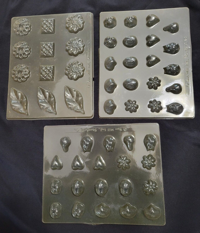 Vintage SUN HILL candy chocolate molds lot of 3 Leaves Flowers, Shells, Hearts