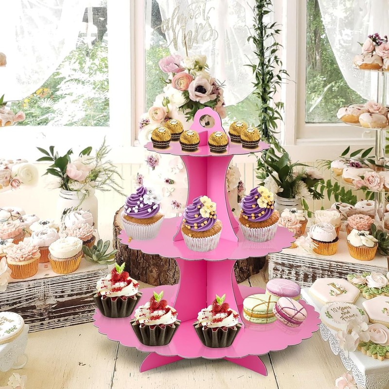 Elegant 3-Tier Hot Pink Cupcake Stand for Weddings & Parties - Easy Assembly gallery