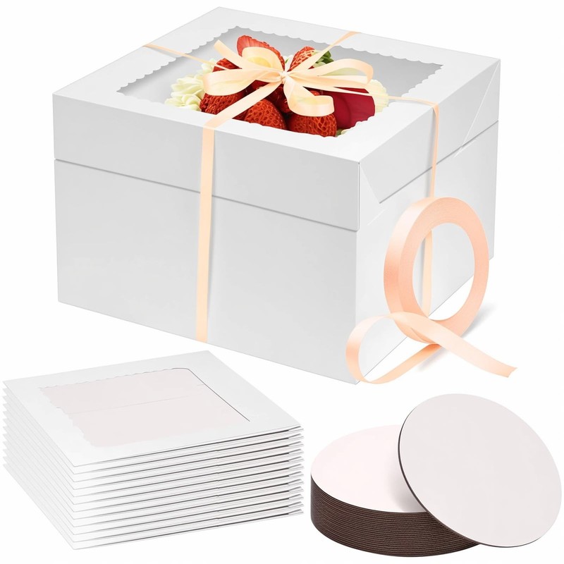 White Cake Boxes 15 Pack 10x10x8 inch with Window Boards Ribbon for Bakery