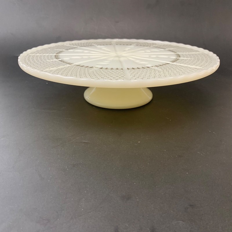 Anchor Hocking Fire King 10″ Off White Ivory Cake Stand Gold Fleur De Lis Detail