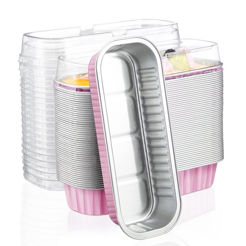 Cupcake Liners with Lids 50pcs 6.8oz 6.5″x2.5″x1.2″Aluminum Disposable Foil Mini