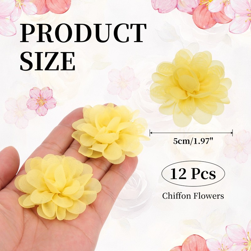 12Pcs 2" Chiffon Flowers Sewing Fabric Flower Appliques for Crafts Light Yellow gallery