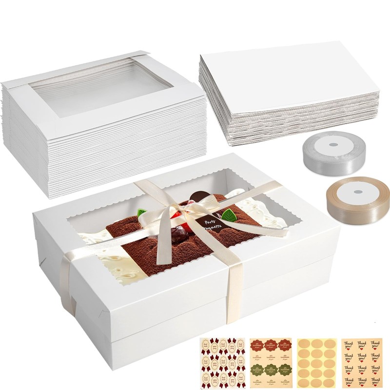 14x10x4 Inch White Cake Boxes with Cake Board Bakery Window 18 PCS