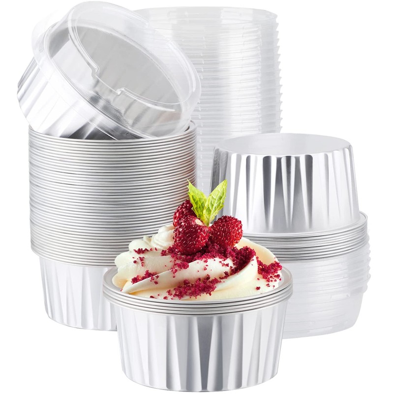 Disposable Creme Brulee Ramekins, Silver 60Packs 5oz Baking Cups with Lids Mi…