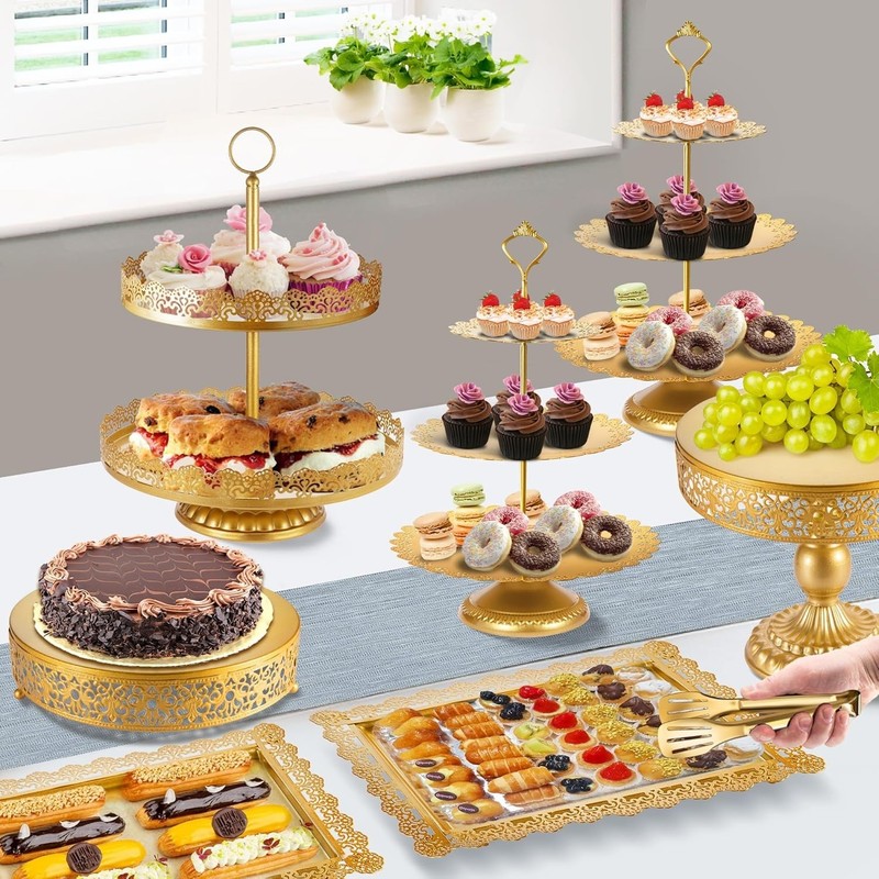 Sturdy Gold Tiered Cake Stand Set with Lace Design - 11 Pieces gallery