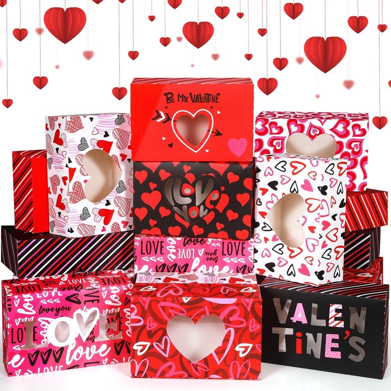 40 PCS Valentines Day Cookie Treat Boxes With Window 8.7x5.5x2.8 Inch Red Pink