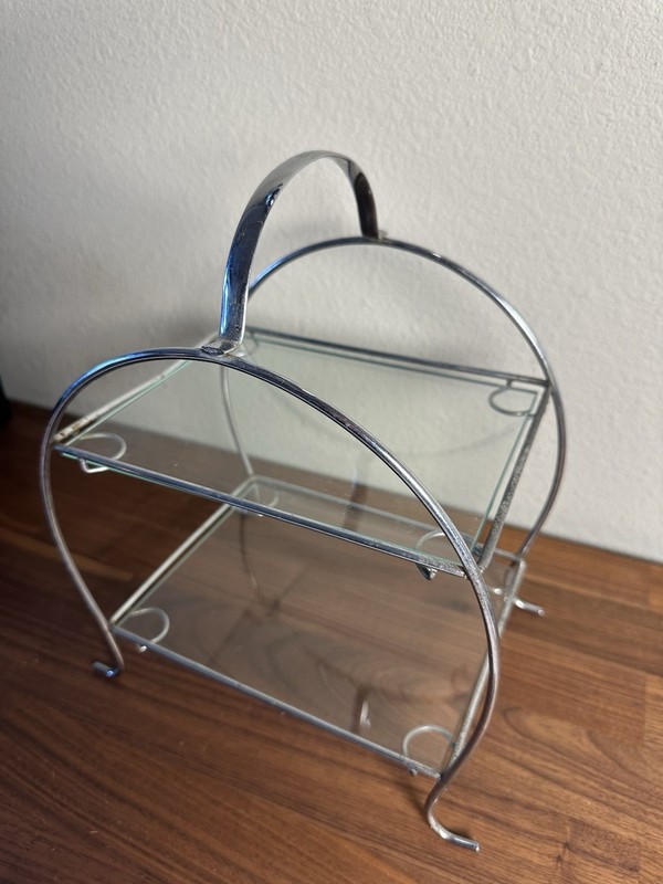 1930s Vintage Two Tier Cake Stand Glass Shelving Chrome gallery