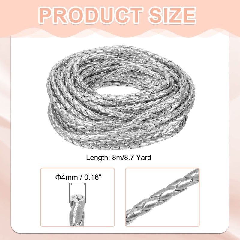 Braided Leather Cords, 8.7 Yard Strap with Cord Lock, 4mm Dia, Silver gallery