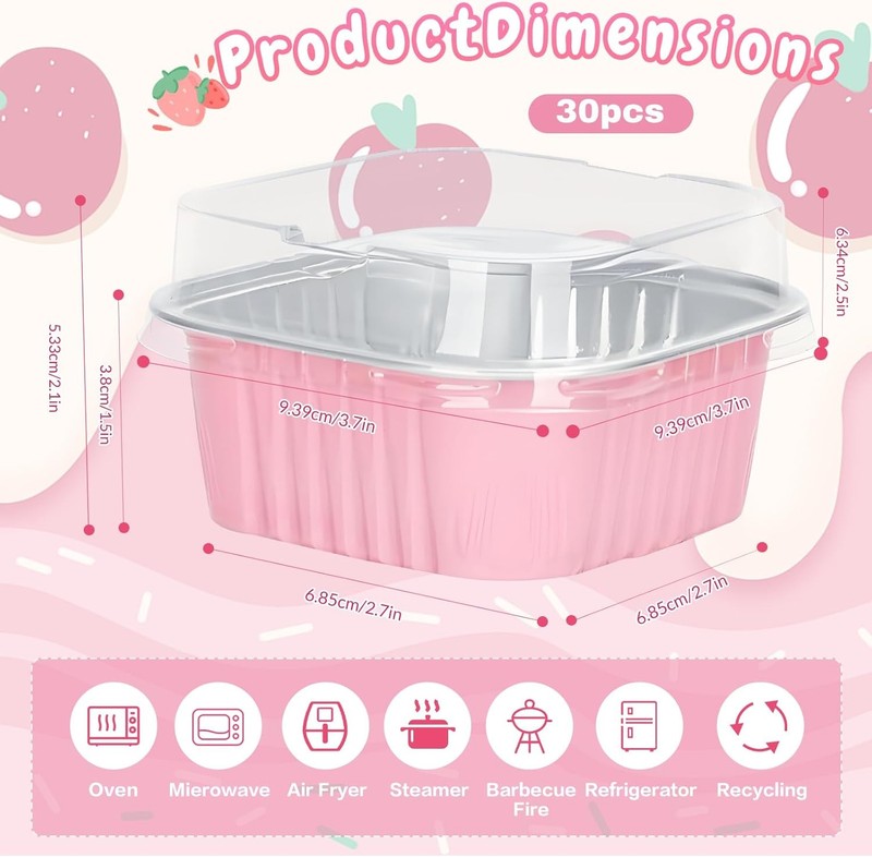 30Pack 5oz Pink Mini Cake Pans W/ Lids Baking Cups Aluminum Foil Pans Tins gallery