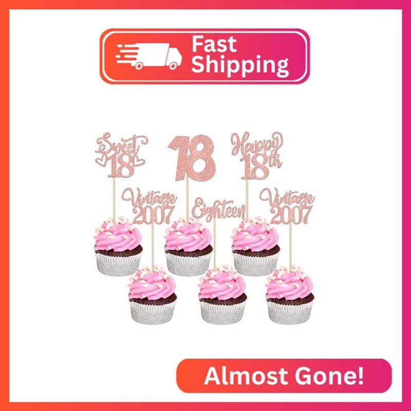 Rsstarxi 30 Pack Vintage 2007 Cupcake Toppers Glitter Eighteen 18 Fabulous Cheer