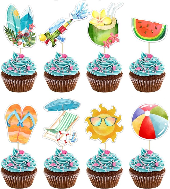 40PCS Summer Beach Cupcake Toppers Pool Party Hawaiian Theme Cake Picks with