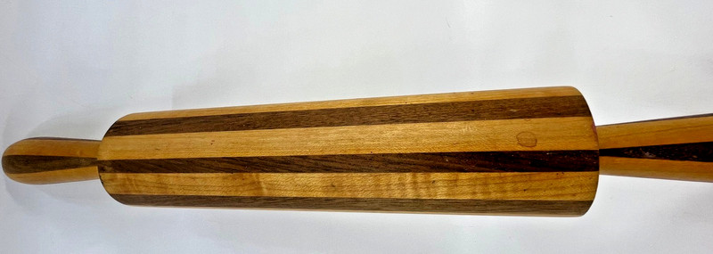 Handmade Striped Wooden Rolling Pin Multi Tonal Inlay Fixed Handle 18.5 Inch