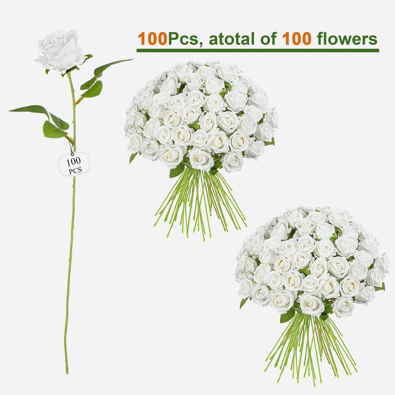 Uqueeten Artificial Flowers Roses White 100PCS 19.6" Bouquet gallery