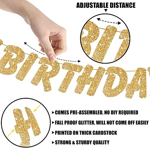 , Glitter Gold Happy Birthday Banner - 10 Feet | Gold Birthday Banner for gallery