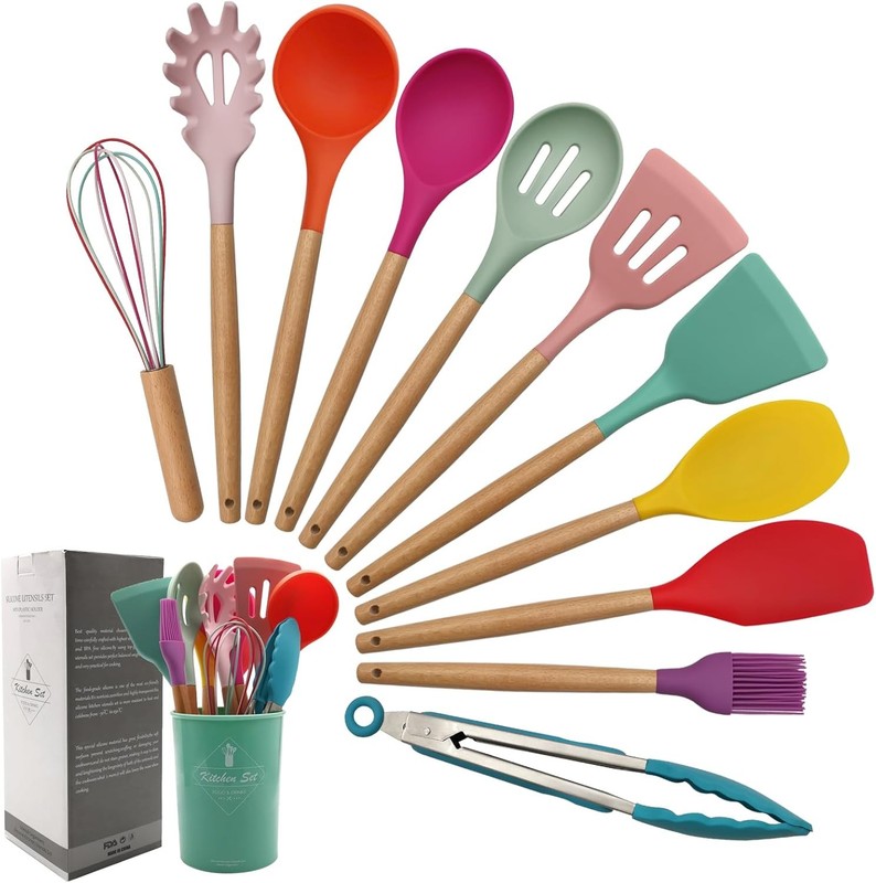 Kitchen Utensils Set of 12, Silicone Cooking Utensils with Non-Slip Wooden