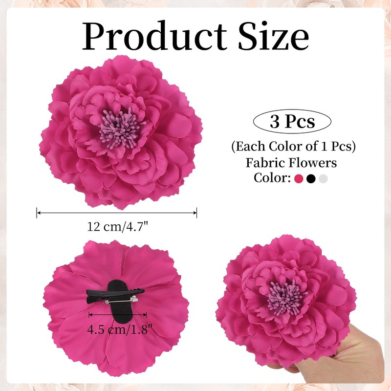 3 Pcs Peony Flowers Hair Clip, 4.7" Artificial Flower, Rose Red/Black/White gallery