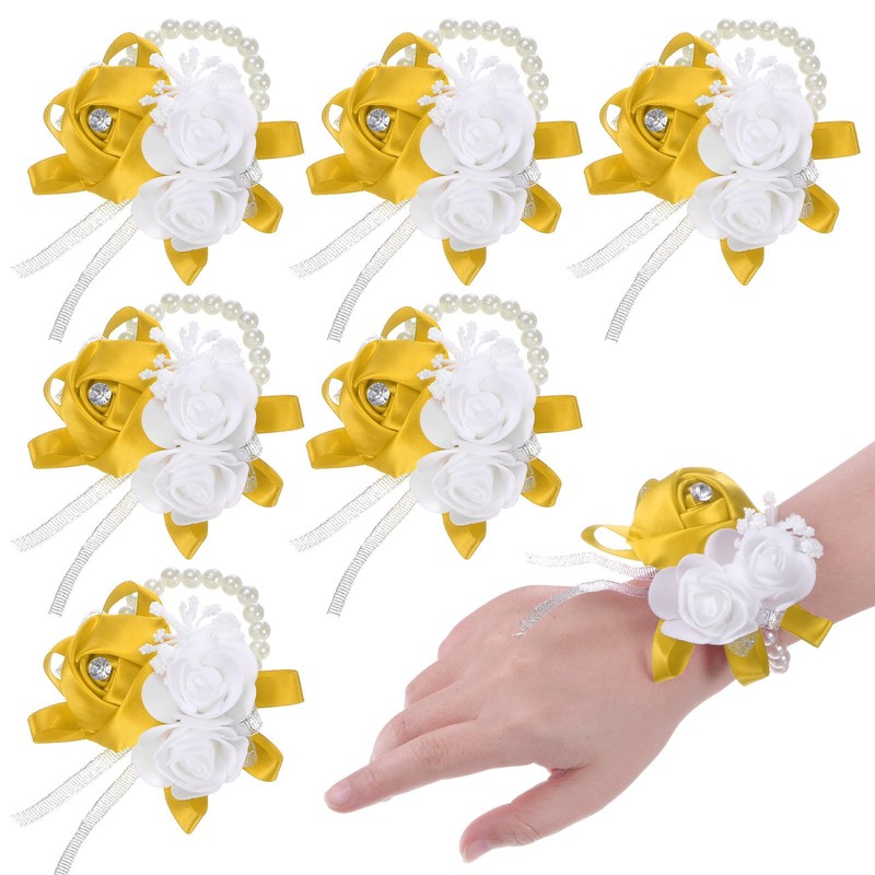 6-Pack Pearl Corsage Wristlet Bracelet for DIY Corsage Supplies [Golden Yellow]