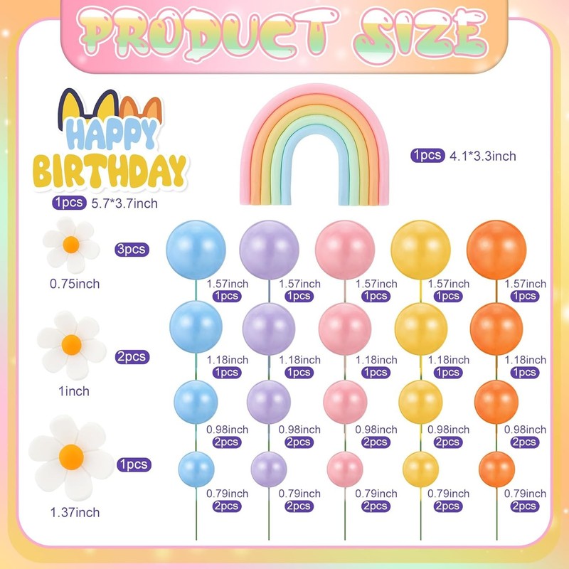 38 Pcs Rainbow Cake Topper with Daisy Balls Cake Topper, Pastel Cupcake Toppers gallery