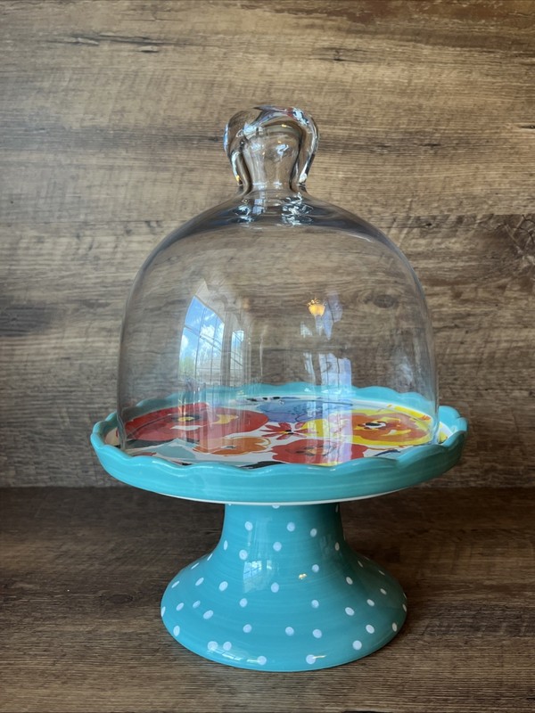Pioneer Women Flea Market Mini Ceramic Cake Stand + Glass Dome Turquoise Floral gallery