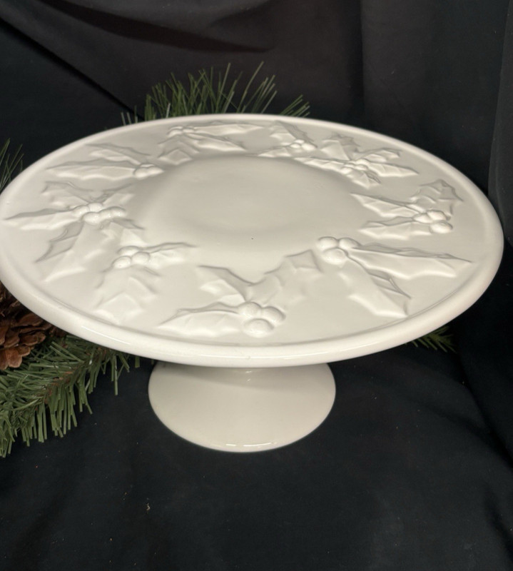 Vintage White 11″ Ceramic Holly and Berries Pedestal Cake Stand