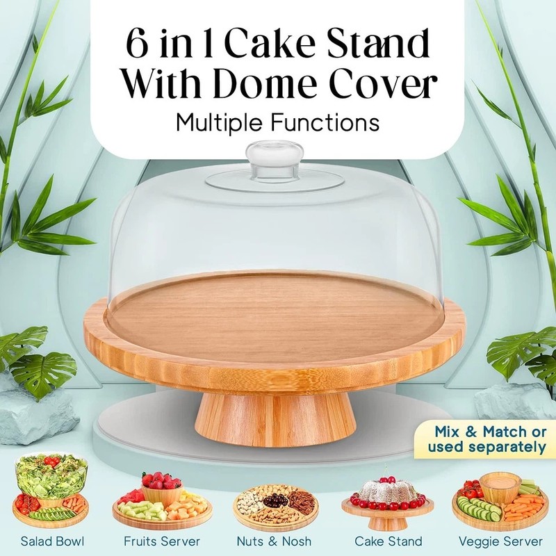 Homeries Bamboo Cake Stand with Lid Cake Plate 6 in 1 Multi-Functional Servin... gallery