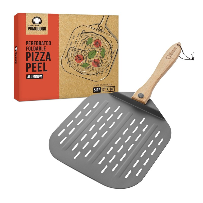 Chef Pomodoro Perforated Aluminum Metal Pizza Peel with Foldable Wood Handle …