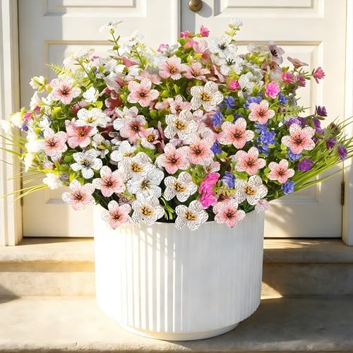 Fake Flowers for Outdoor UV Resistant 24 pcs Pink ＆ White （with Green Ferns） gallery
