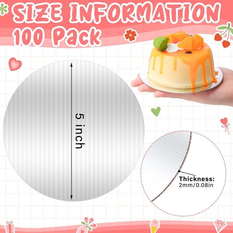 100 PCS 5 Inch Cake Board Round Mini Cardboard Circle Grease Proof Tray Silver gallery