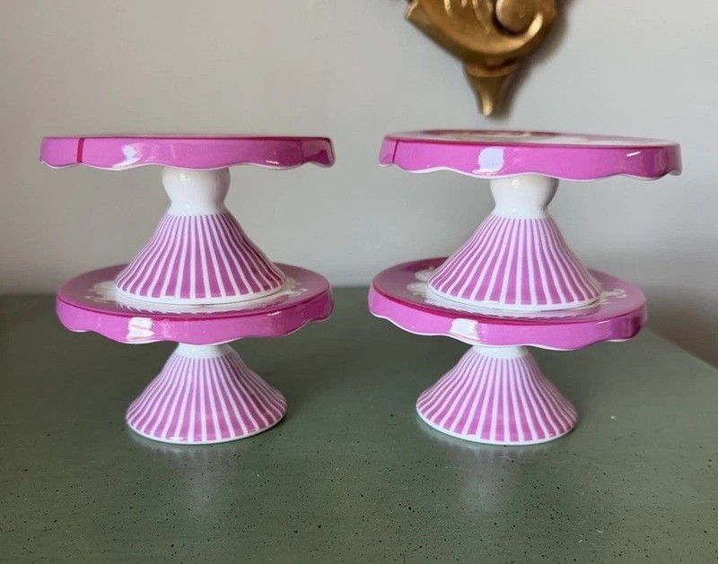 Vintage Porcelain Cupcake Stand Set of 4 Pink/White Striped Round- Glossy