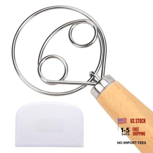 Danish Dough Whisk with Wooden Handle, 12.5 Inch Dutch Stainless steel-2 eye