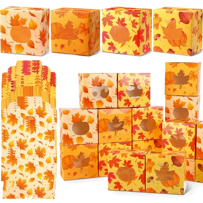 100 PCS Thanksgiving Cookie Boxes Window Fall Maple Leaf Pumpkin Bakery Treat