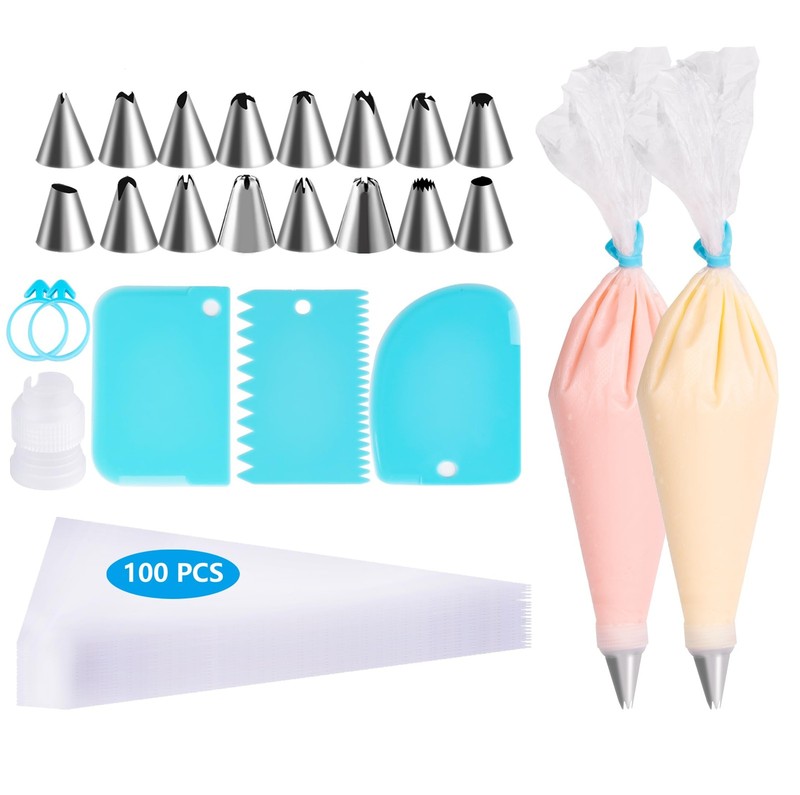 Piping Bags and Tips Set, 100pcs Pastry Bags Cakes Decorating Supplies Kit, 3…