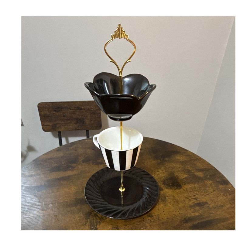 Vintage Black White Gold Ceramic 3-Tier Round Cake Stand with Gold Handle