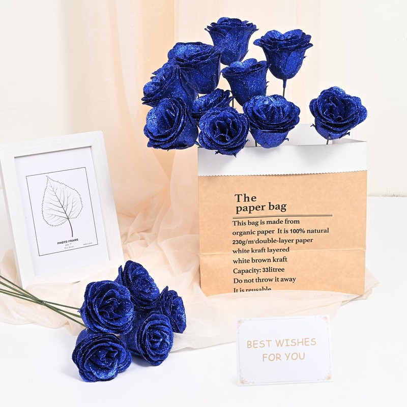 Waipfaru Blue Glitter Roses Bouquet, DIY Fake Flowers 24pcs, gallery