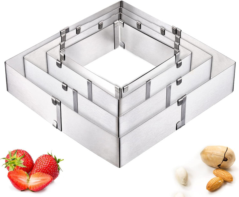 YOUEON 4 Pack Square Cake Molds Ring Adjustable from 6″ to 11″, Stainless Steel