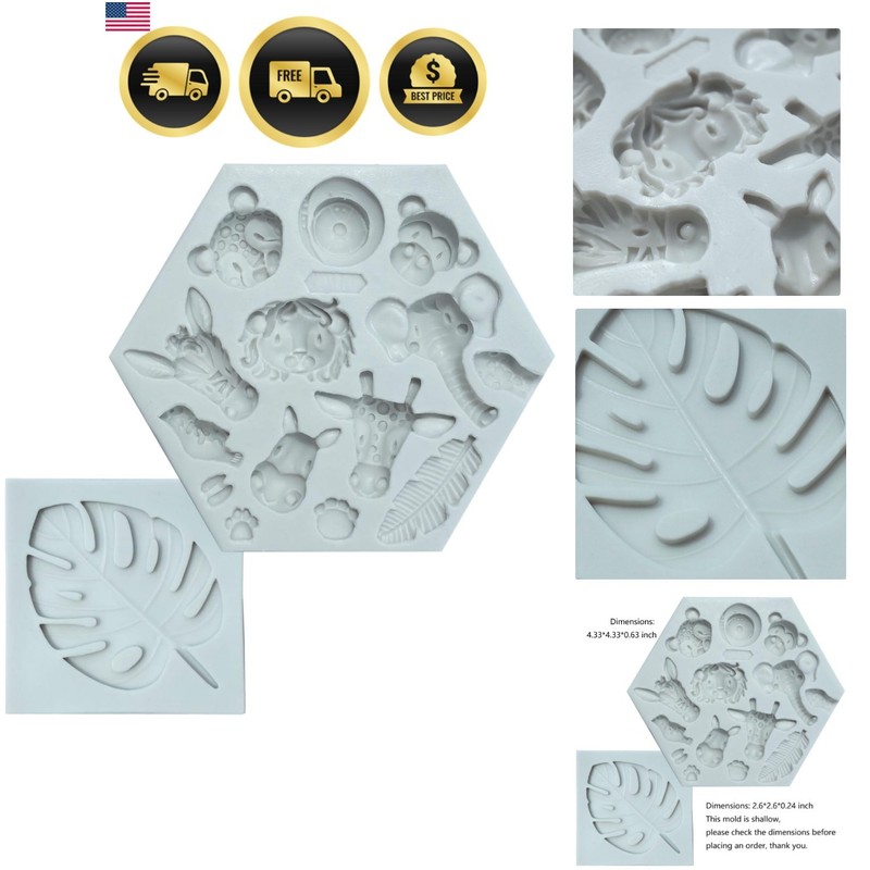 Jungle Safari Animal Cake Mold and Tropical Leaf Fondant Silicone Mold Cupcak…