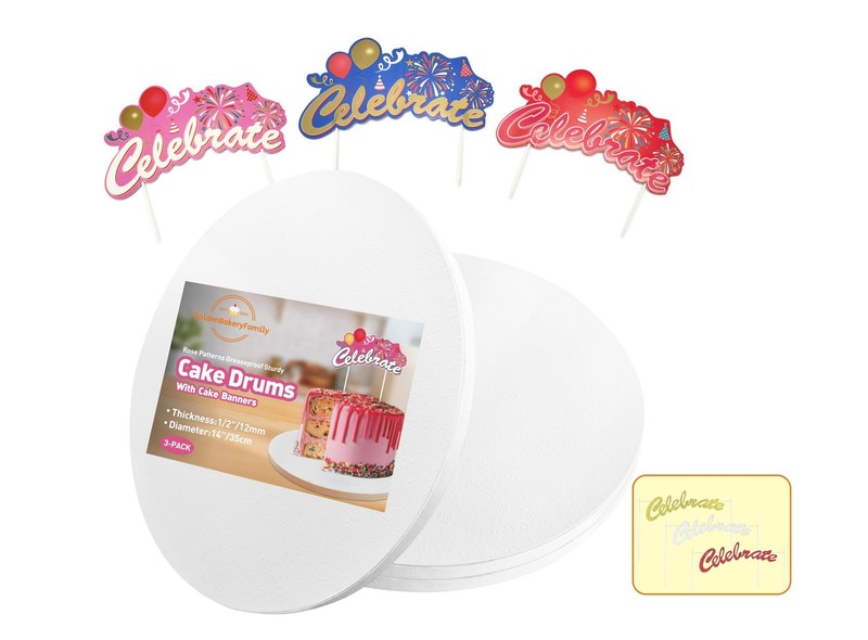 14 Inch Cake Drums with Banner Cake Topper-Cake Board Round White(3-Pack) 1/2…