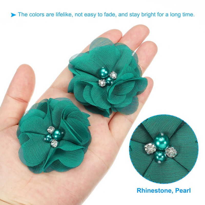 10Pcs 2" Chiffon Flowers with Rhinestone Pearl Appliques Decorate Dark Green gallery