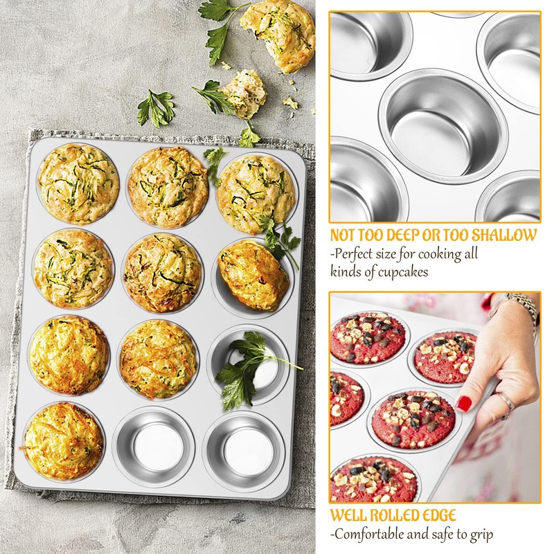 E-far Muffin Pan 12-Cup, Set of 2, Stainless Steel 13.7”x10.4”x1.25”, Silver gallery