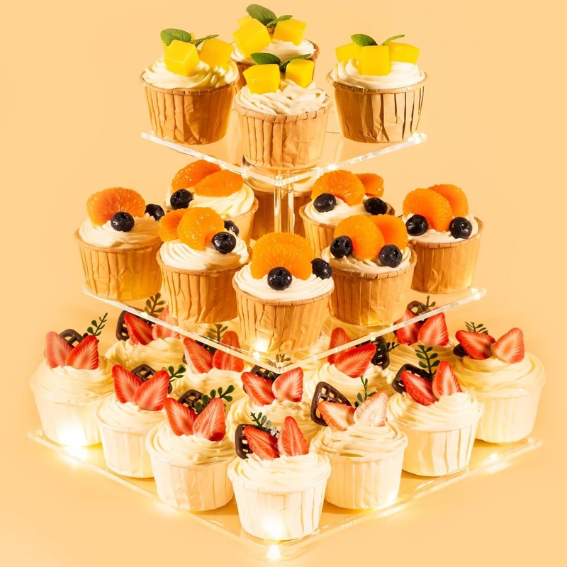 3 Tier Cupcake Stand Cupcake Holder Acrylic Cupcake Tower W/ LED Yellow Light 24