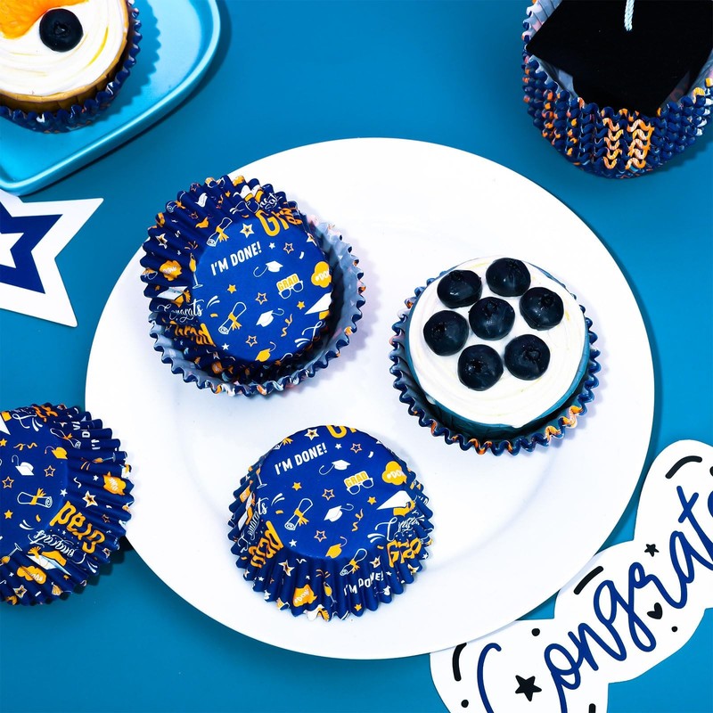 300 PCS Graduation Cupcake Liners Congrats Grad Paper Baking Cups Blue Gold gallery