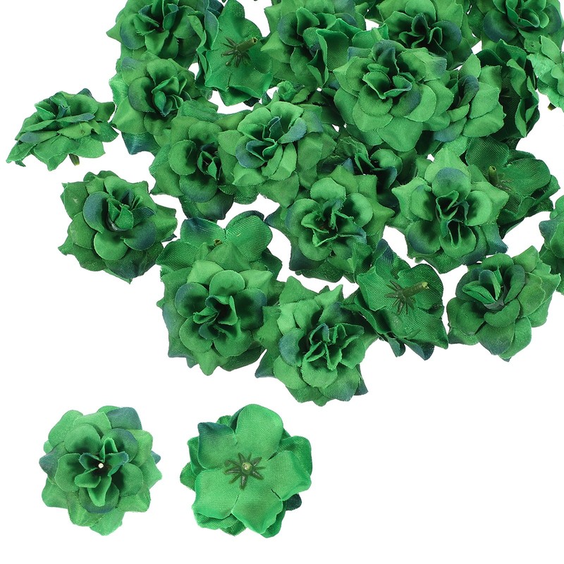 50 Pcs 1.77 Inch Artificial Roses Head Faux Flowers Wedding DIY Dark Green